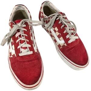 VANS! RACY RED GENUINE SUEDE LEATHER & CHECKERBOARD CANVAS SNEAKERS! SZ 8.5